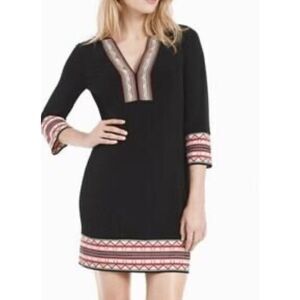 White House Black Market Women Aztec Embroidery Trim Long Sleeve Shift Dress Siz